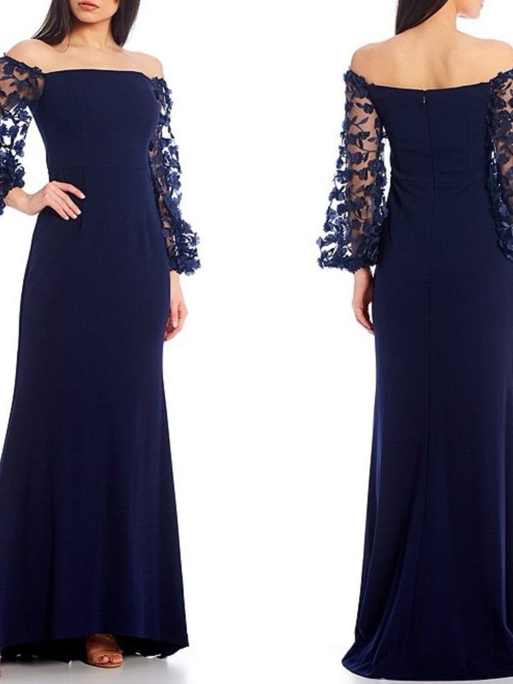 Eliza J Navy Blue Floral Appliqué 3D Off The Shoulder Gown Dress Formal 4
